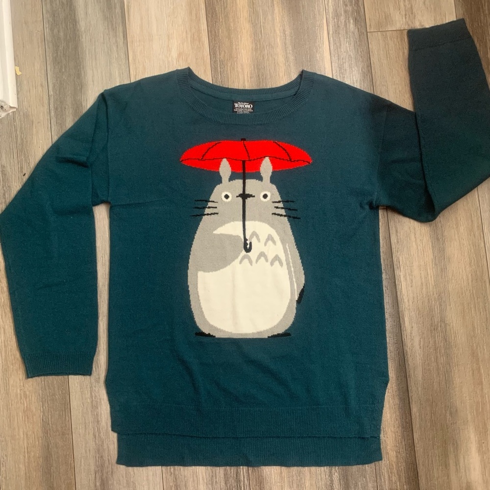 Her Universe Teal Sweater with Red Umbrella Totoro Graphic